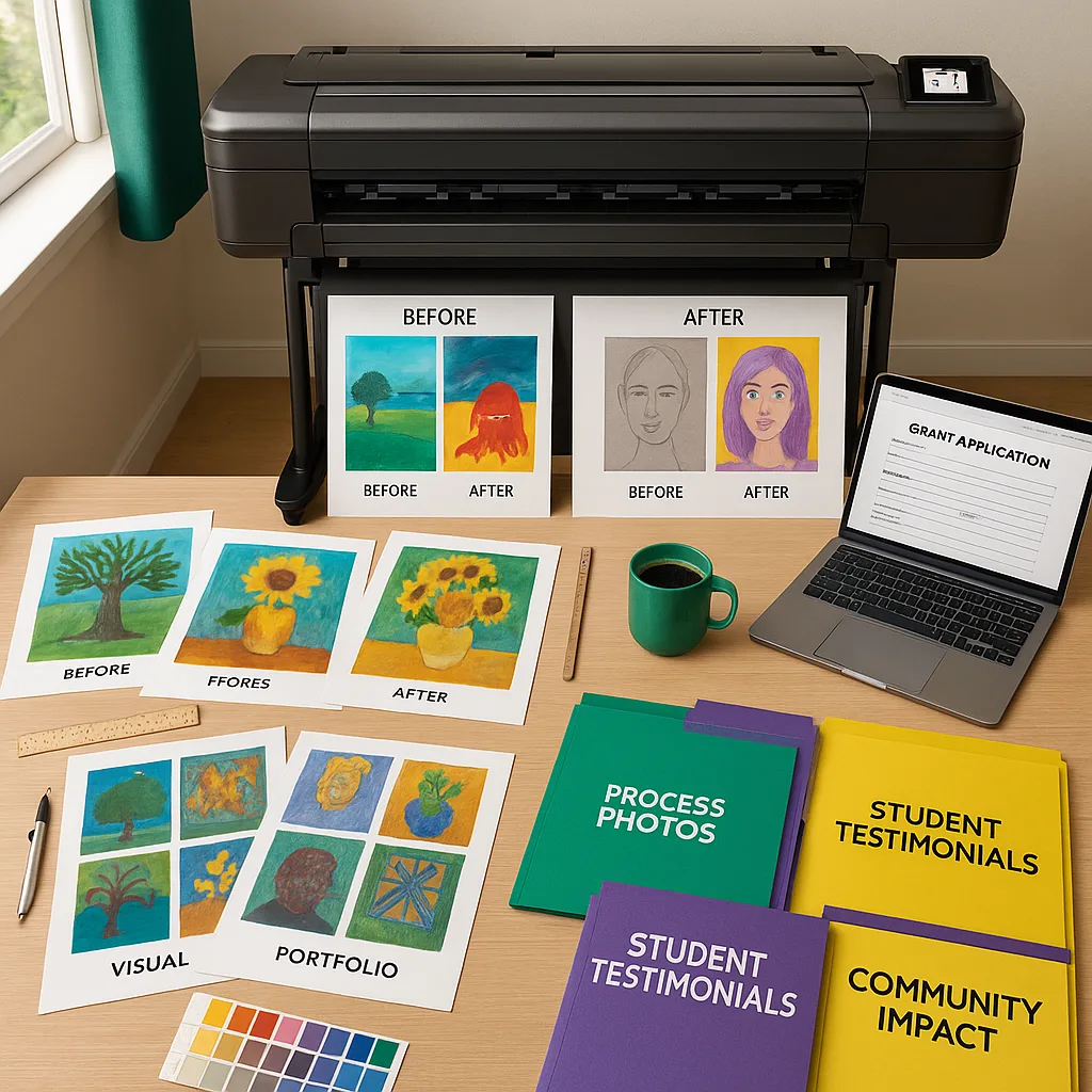 A well-organized grant documentation workspace a teacher's desk printed visual portfolios spread out. Large-format posters displaying before-and-after student artwork progression are visible. A