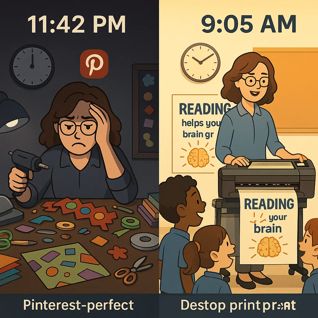Split-screen comparison image. Left side: An overwhelmed teacher late at night surrounded by craft supplies, hot glue gun, laminator, trying to recreate a Pinterest-perfect bulletin board, looking