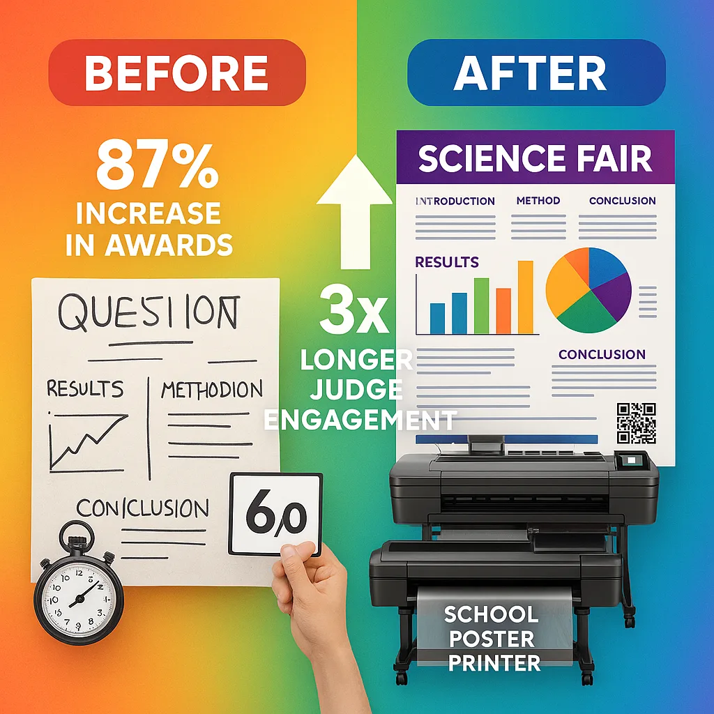 Design an infographic-style image comparing "Before and After" science fair displays. Left side shows a basic handwritten poster poor visibility and amateur graphs. Right side displays a poster