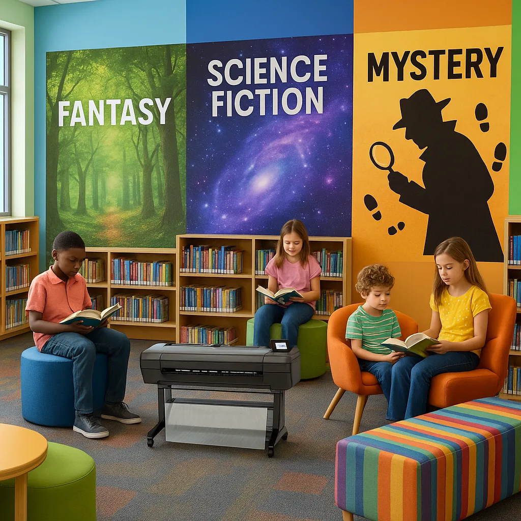 A vibrant, library interior multiple genre-themed reading areas colorful oversized posters creating immersive environments. Use Google Font 'Suse' for any text overlays. Show a fantasy forest area