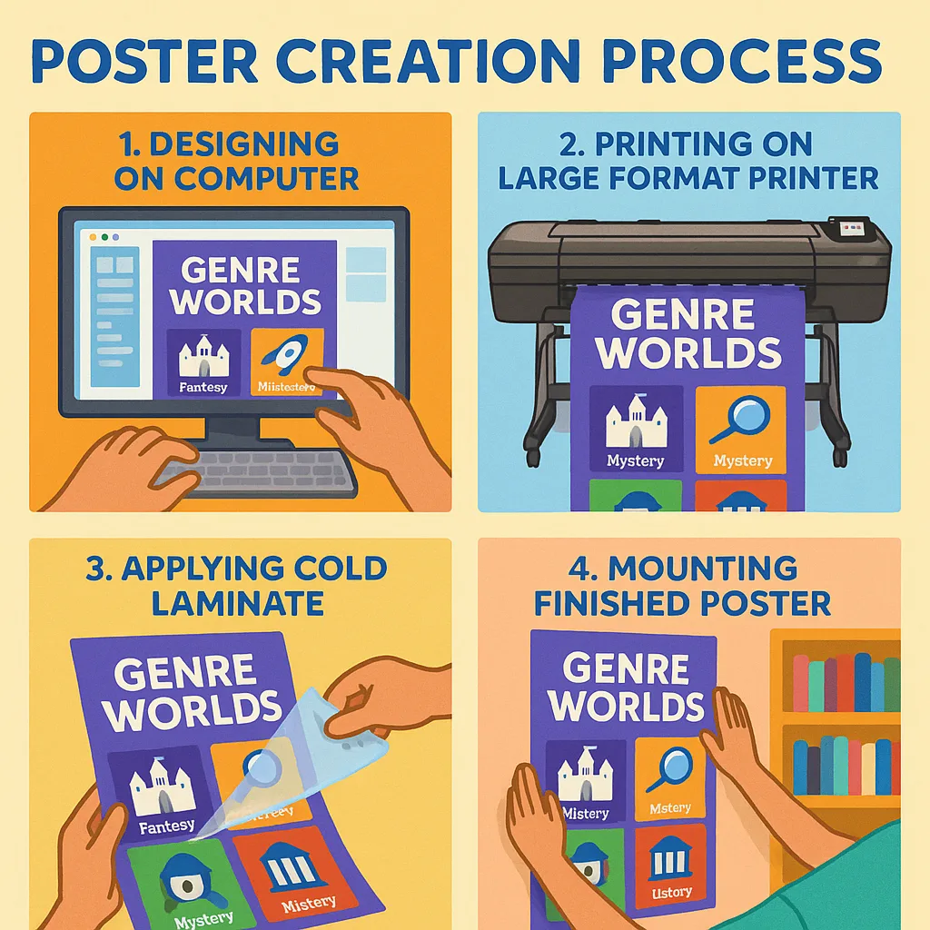 Design a step-by-step visual guide the poster creation process for library genre worlds using Google Font 'Suse'. Display four panels: 1) Designing on computer drag-and-drop software, 2) Printing
