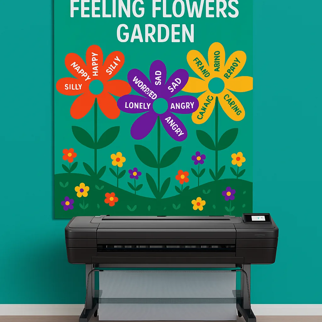 Design a poster template using Google font 'Suse' a "Feeling Flowers Garden" multiple colorful flowers, each petal labeled different emotions in child-friendly terms. Use bright, saturated jewel