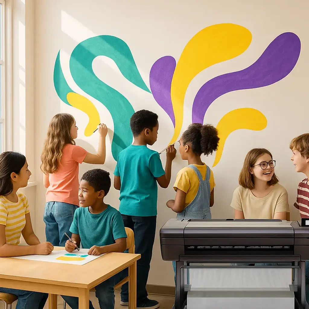 A bright, hopeful classroom scene where diverse students (ages 8-14) collaborate on a large colorful wall mural abstract representations of growth and healing. A bright, hopeful classroom scene where diverse students (ages 8-14) collaborate on a large colorful wall mural abstract representations of growth and healing.