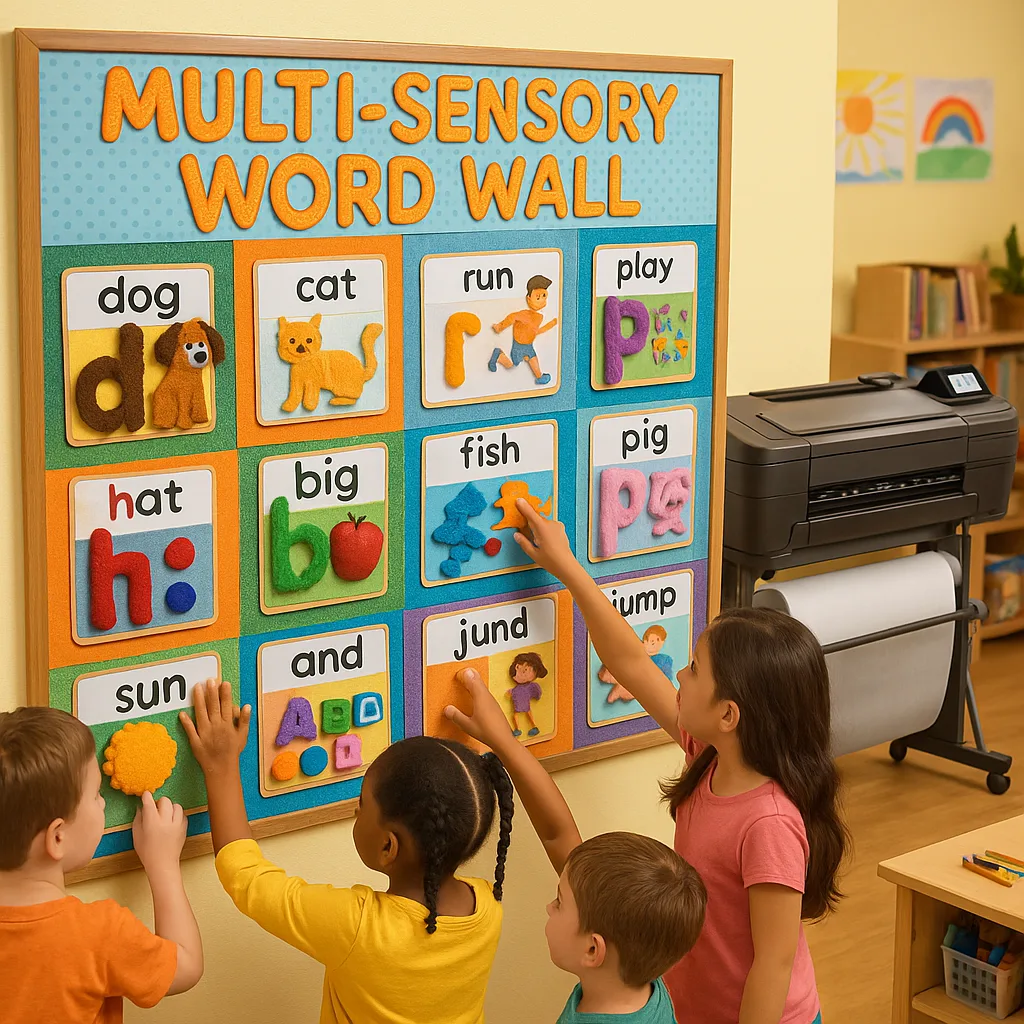 A classroom scene a large, colorful multi-sensory word wall various textures, interactive elements, and diverse students actively engaging it. Include visible word cards pictures, textured