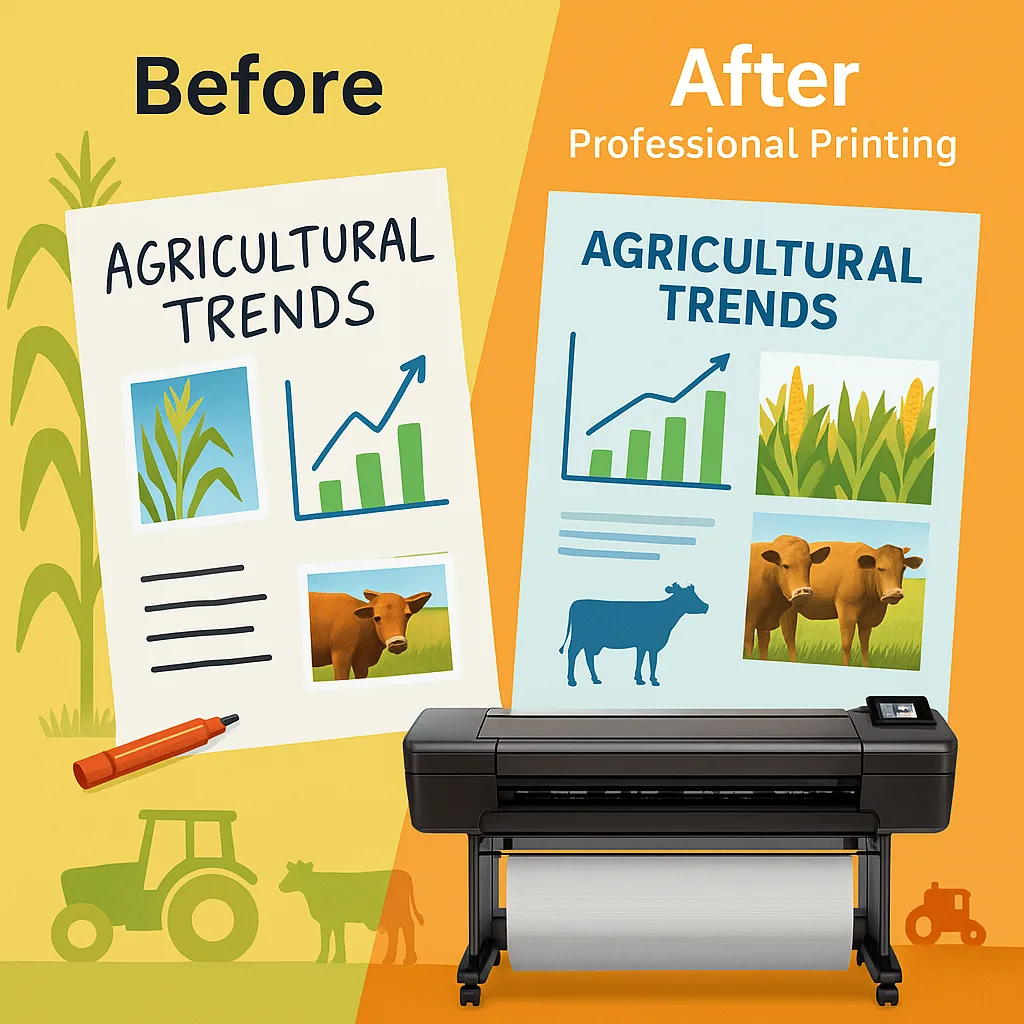 Design a infographic the transformation from basic handwritten poster boards to printed displays. Split the image diagonally - left side shows a traditional poster marker-drawn graphs and glued