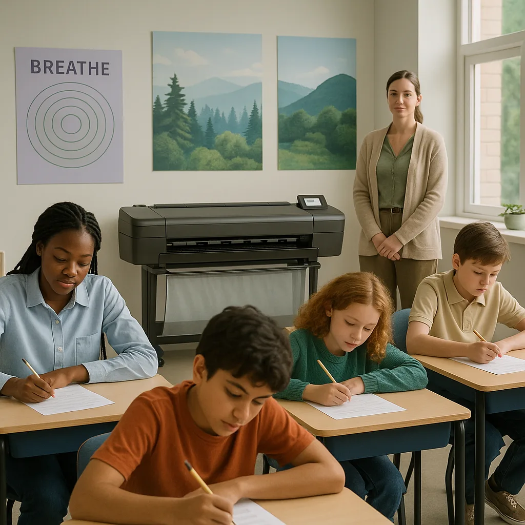 A calming educational environment a classroom during testing strategic poster placements. In the foreground, diverse students sit calmly at desks taking a test, appearing relaxed and focused. On