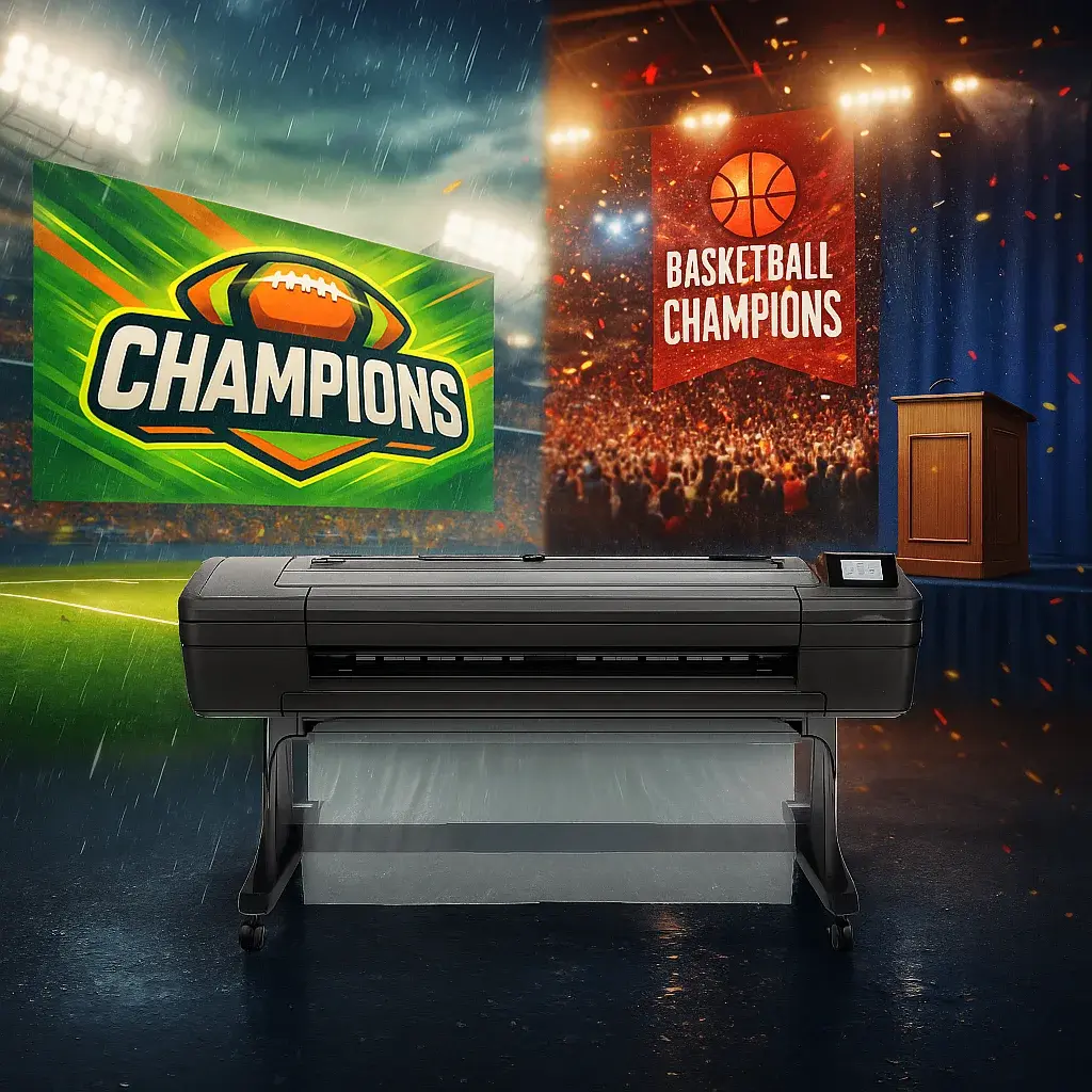 A dynamic, high-energy sports collage various championship displays and event banners.