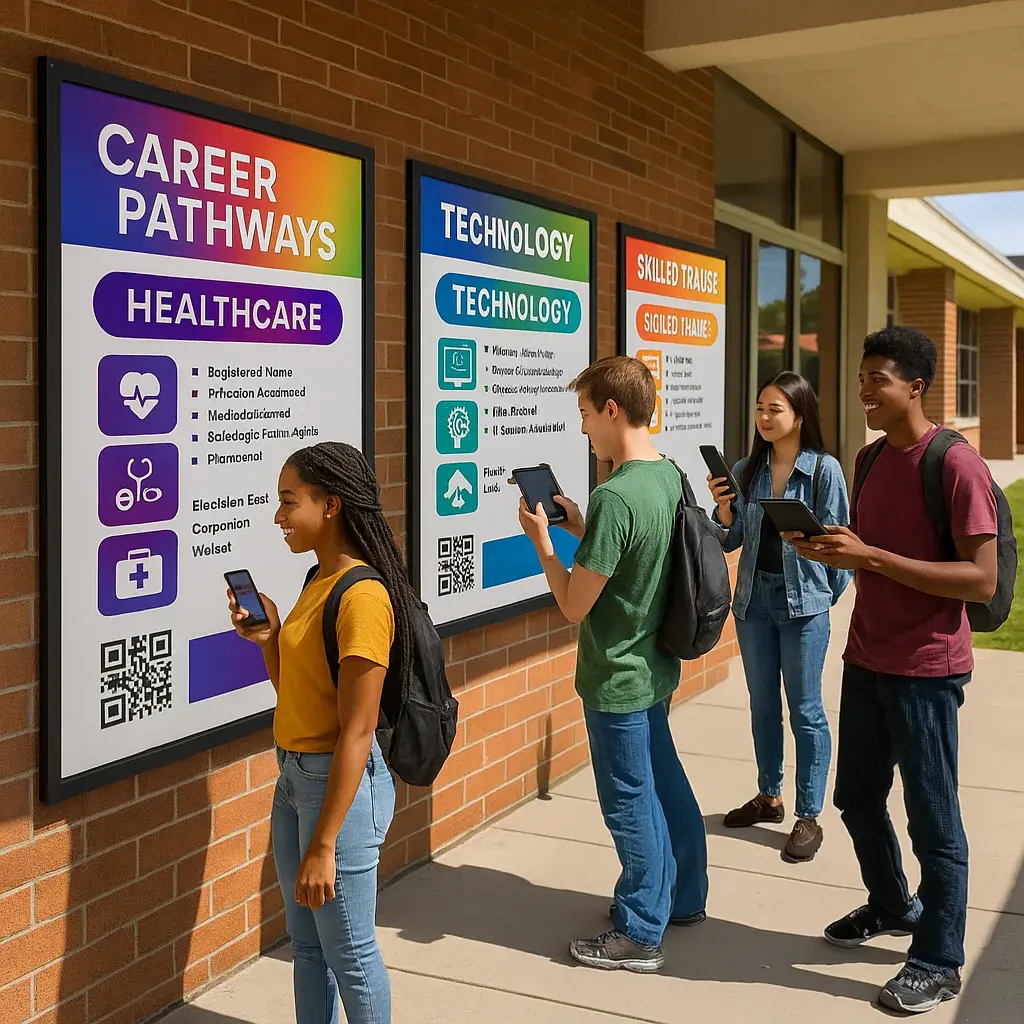 A outdoor career exploration gallery at a high school, large weather-resistant career pathway displays mounted on exterior walls under a covered walkway. A outdoor career exploration gallery at a high school, large weather-resistant career pathway displays mounted on exterior walls under a covered walkway.