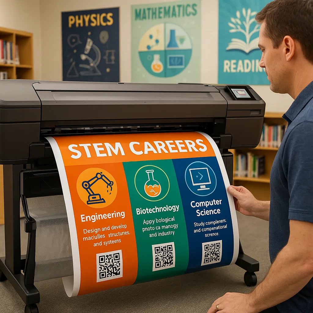 Close-up shot of a weather-resistant career display being printed on a large-format latex printer in a school media center. The printer is outputting a colorful STEM careers poster graphics