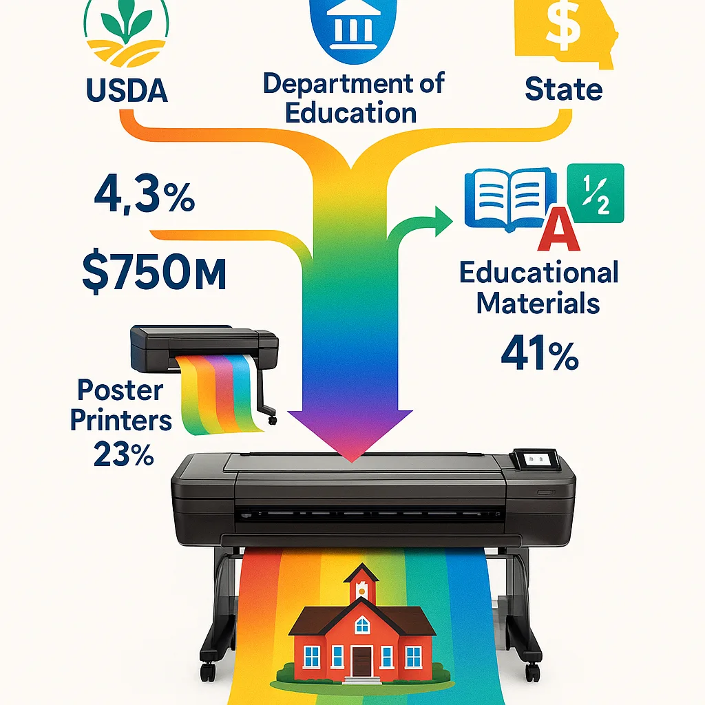 An infographic-style image the flow of federal grant money to rural schools, icons representing USDA, Department of Education, and state funding sources at the top, flowing down to a small rural