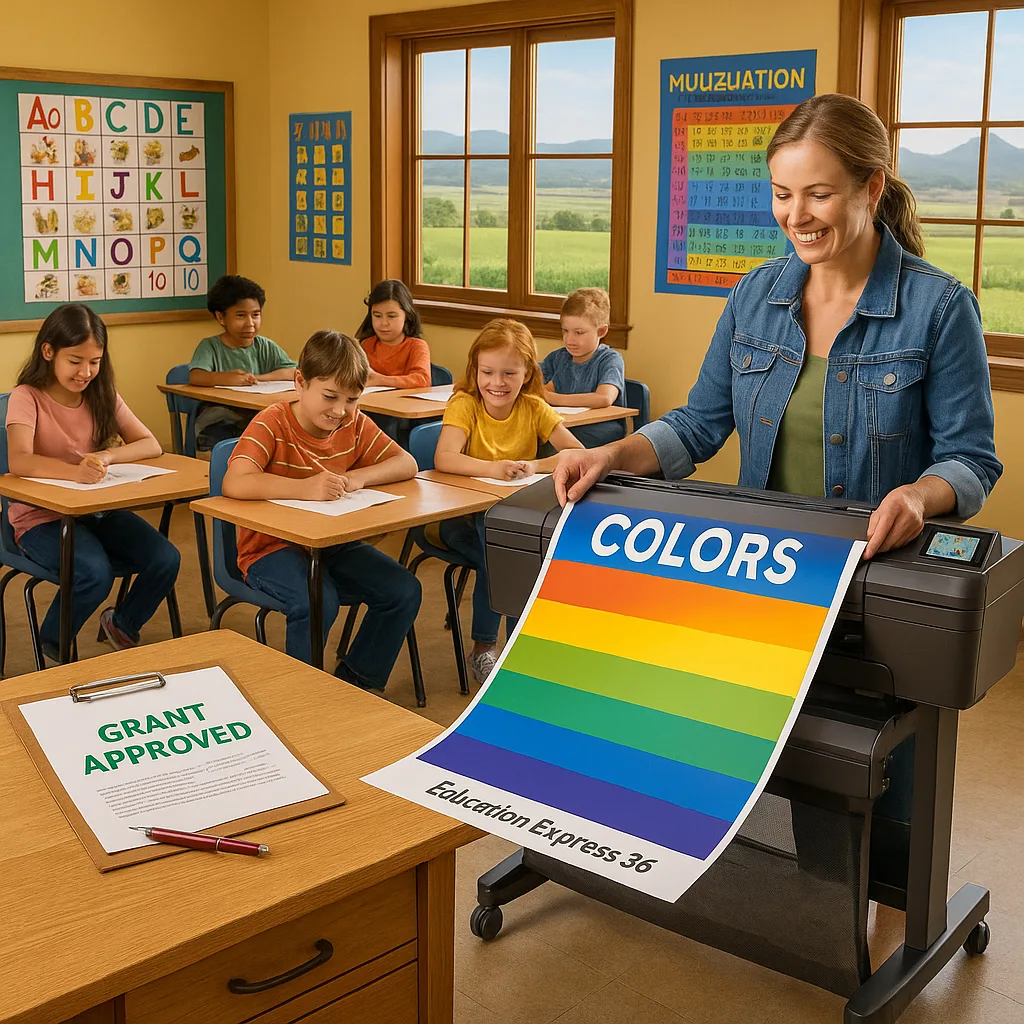 A bright, engaging classroom scene a rural teacher using a poster printer (Education Express 36) to create colorful educational materials while students of different grade levels work at grouped