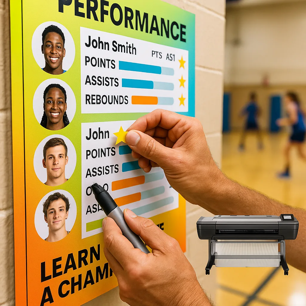 A close-up shot of hands updating a large athletic performance tracking poster on a gymnasium wall. The poster features a grid layout player photos, statistics bars in neon colors, and academic A close-up shot of hands updating a large athletic performance tracking poster on a gymnasium wall. The poster features a grid layout player photos, statistics bars in neon colors, and academic