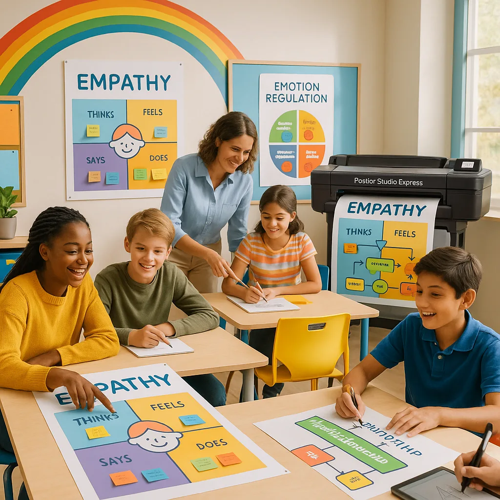 A classroom scene diverse middle school students collaborating on large poster designs at workstations. The posters visible include colorful empathy maps, friendship flowcharts arrows and decision