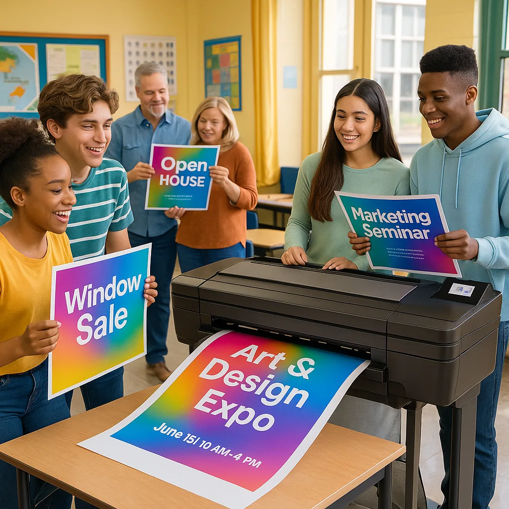 A vibrant, classroom scene diverse high school students collaborating around a large-format poster printer. Students are holding materials window displays and event posters. In the background,