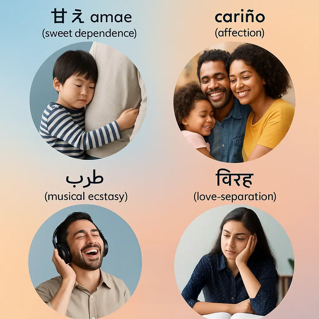 An organized collage-style image various emotion expression concepts from different cultures.