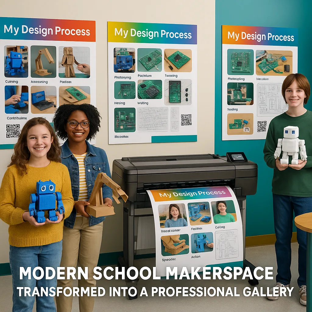 A bright, engaging wide-format image a school makerspace transformed into a gallery space. Include diverse students (ages 10-14) proudly displaying their 3D printed robots, cardboard engineering