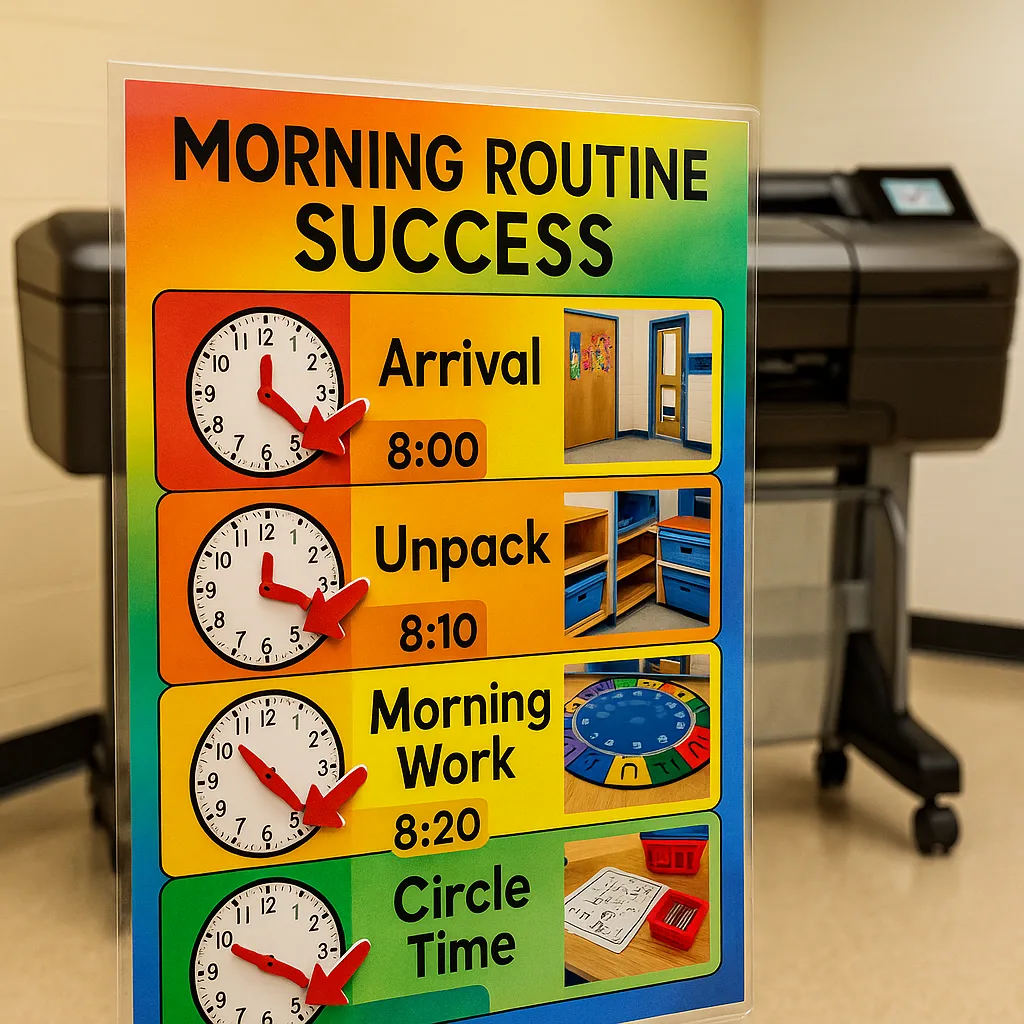 Close-up view of a "Morning Routine Success" poster created a school poster printer. Show visual schedule actual photographs of classroom areas, analog clock faces specific times, and color-coded