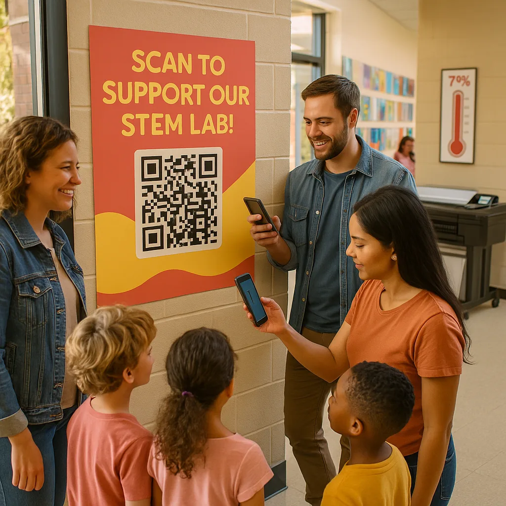 A vibrant, fundraising scene in a school hallway a large, colorful poster (36 inches tall) mounted on a wall a prominent QR code in the center. The poster has a coral and gold color scheme "Scan