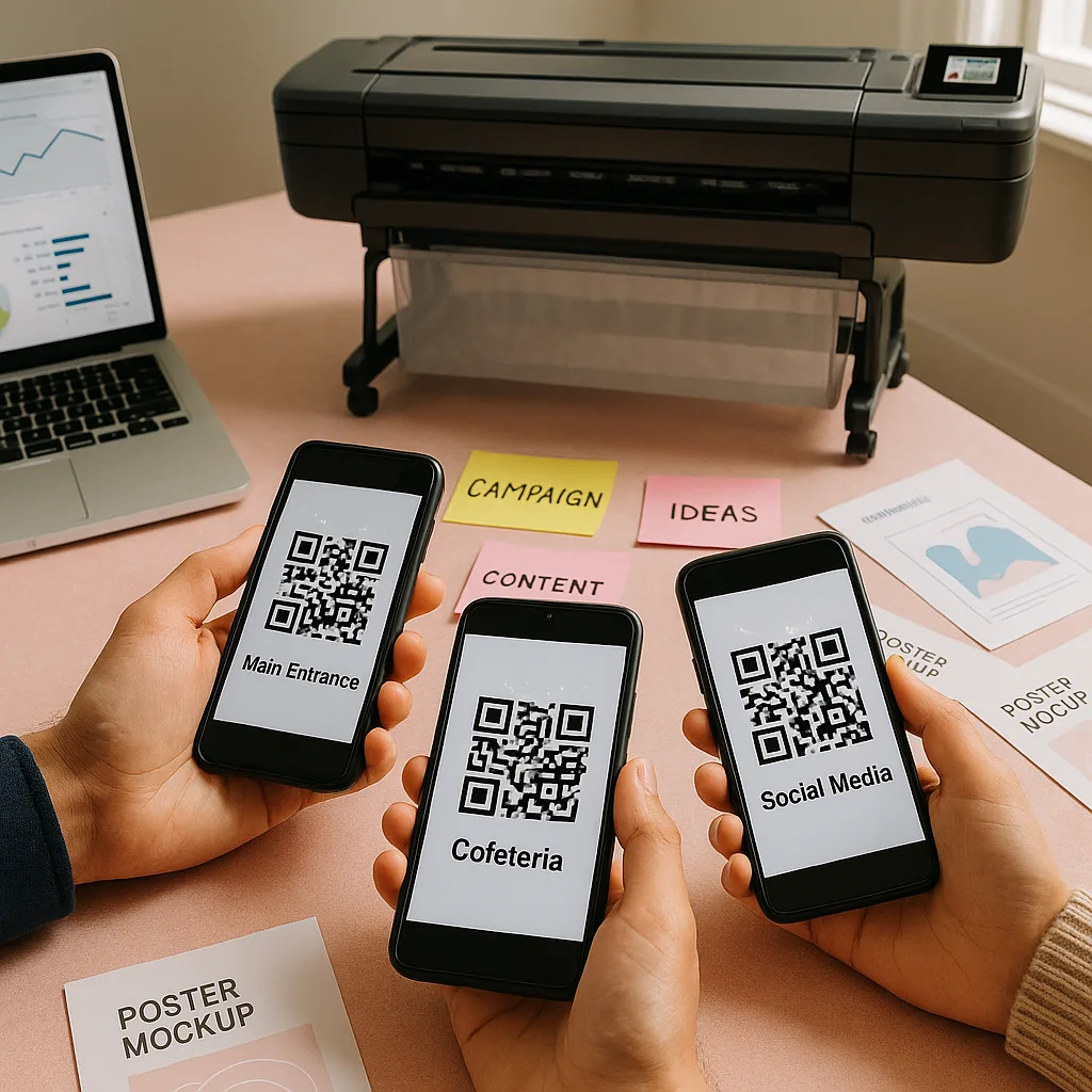 A close-up shot of hands holding three different smartphones, each displaying a unique QR code on the screen. The phones are arranged in a triangle formation on a pink-toned desk surface. Each QR