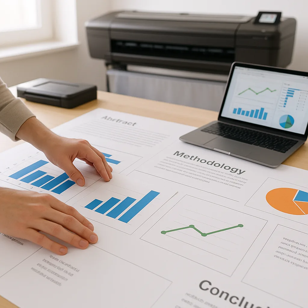 Design a close-up view of a student’s hands arranging printed data visualization elements on a large academic poster layout. Show various chart types – bar graphs in blue (#1E88E5), line charts in Design a close-up view of a student's hands arranging printed data visualization elements on a large academic poster layout. Show various chart types - bar graphs in blue (#1E88E5), line charts in