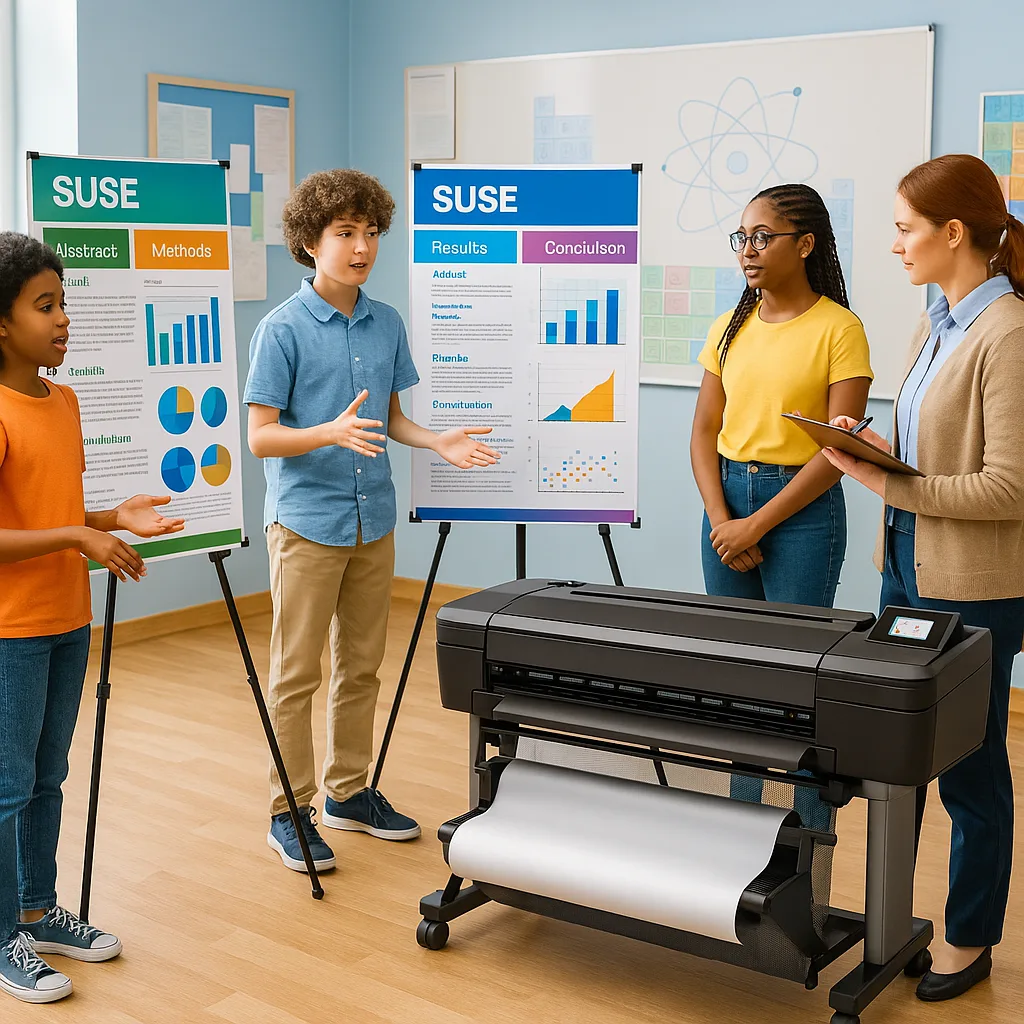 A bright, engaging educational scene a science classroom students presenting research posters at a science fair. Show diverse students ages 12-16 confidently explaining colorful, well-designed