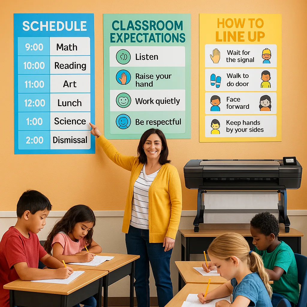 A bright, engaging classroom scene using Suse font, a substitute teacher confidently pointing to large, colorful wall posters while diverse elementary students work independently at their desks.