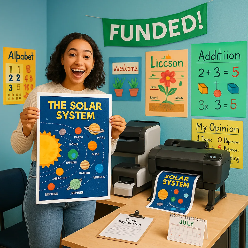 A bright, cheerful first-grade classroom a young female teacher (early 20s, diverse background) excitedly holding up a large colorful educational poster she just printed. She's standing next to a