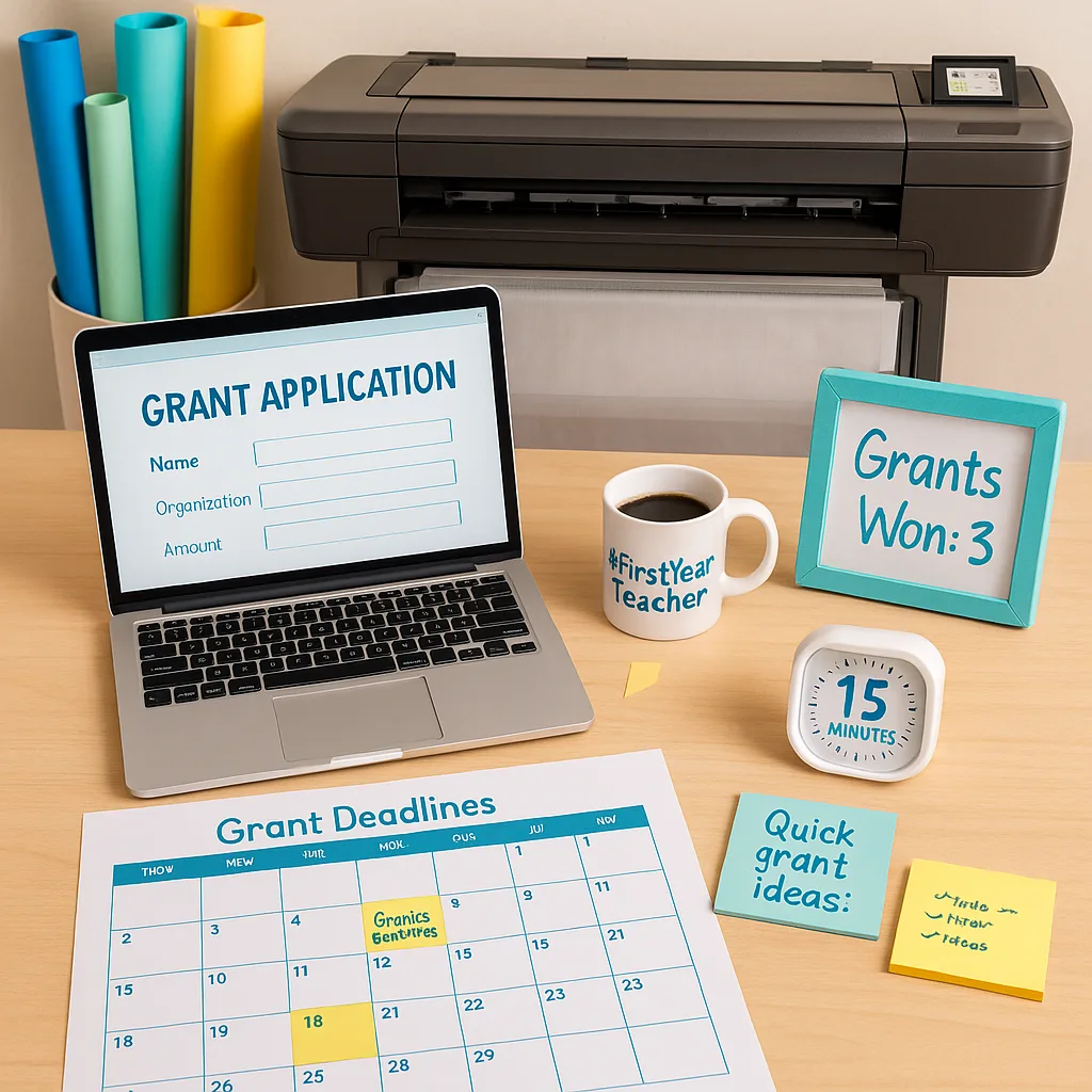 An organized teacher's desk grant-writing materials laid out efficiently. Include: a laptop displaying a simple grant application form, a printed month-by-month calendar grant deadlines