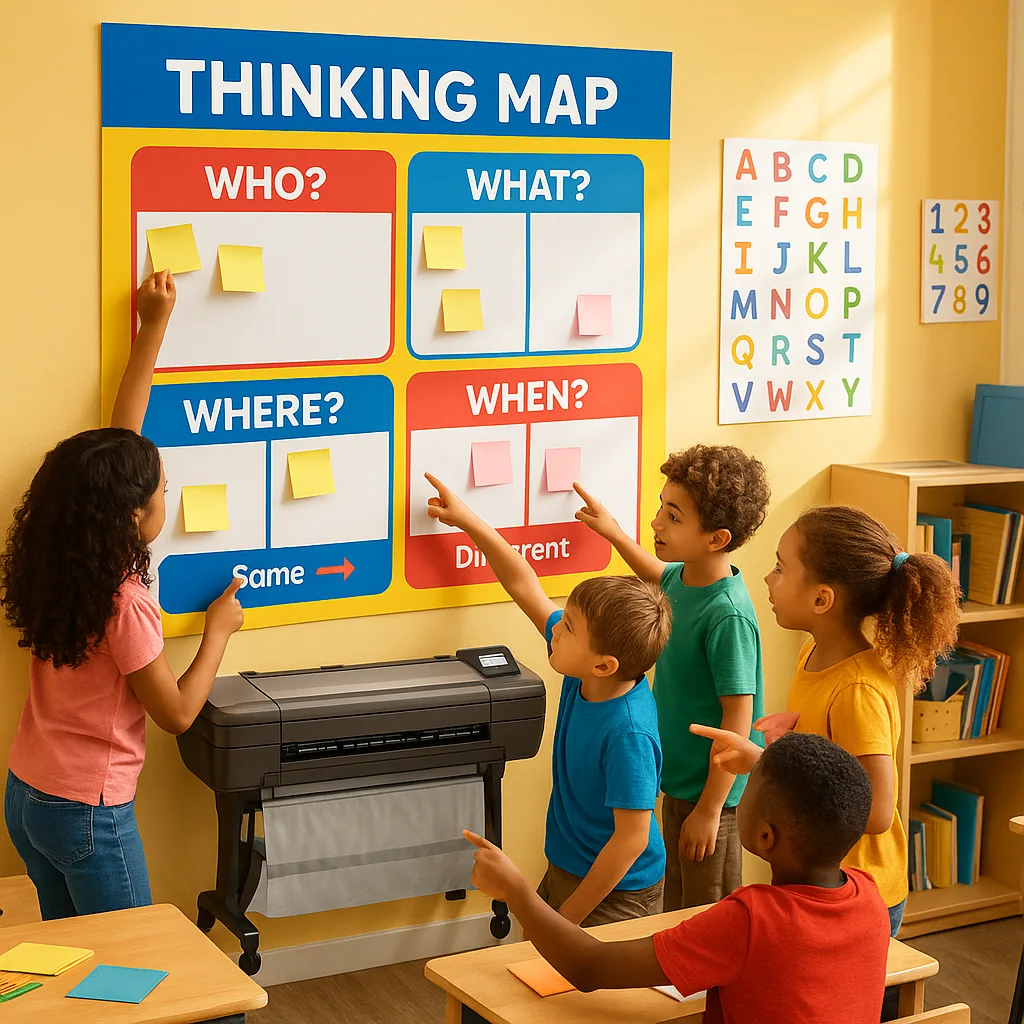 A vibrant, elementary classroom scene diverse K-5 students actively engaged around a large colorful poster on the wall. The poster should display a visual thinking framework question prompts and