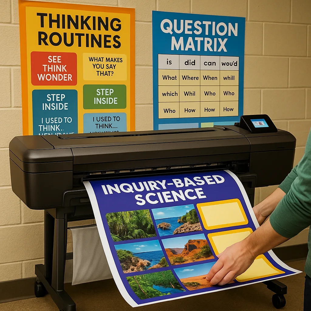 Close-up photograph of a teacher's hands using a color poster maker printer to create an inquiry-based science poster. The poster being printed shows a split design photographs of different