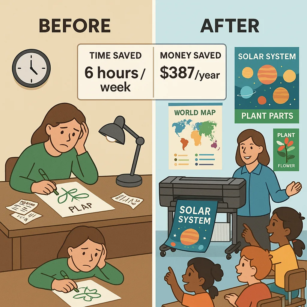 A split-screen infographic "Before" and "After" scenarios in rural classrooms. Left side: A teacher hand-drawing posters late at night, empty walls, stressed expression, receipts scattered on desk