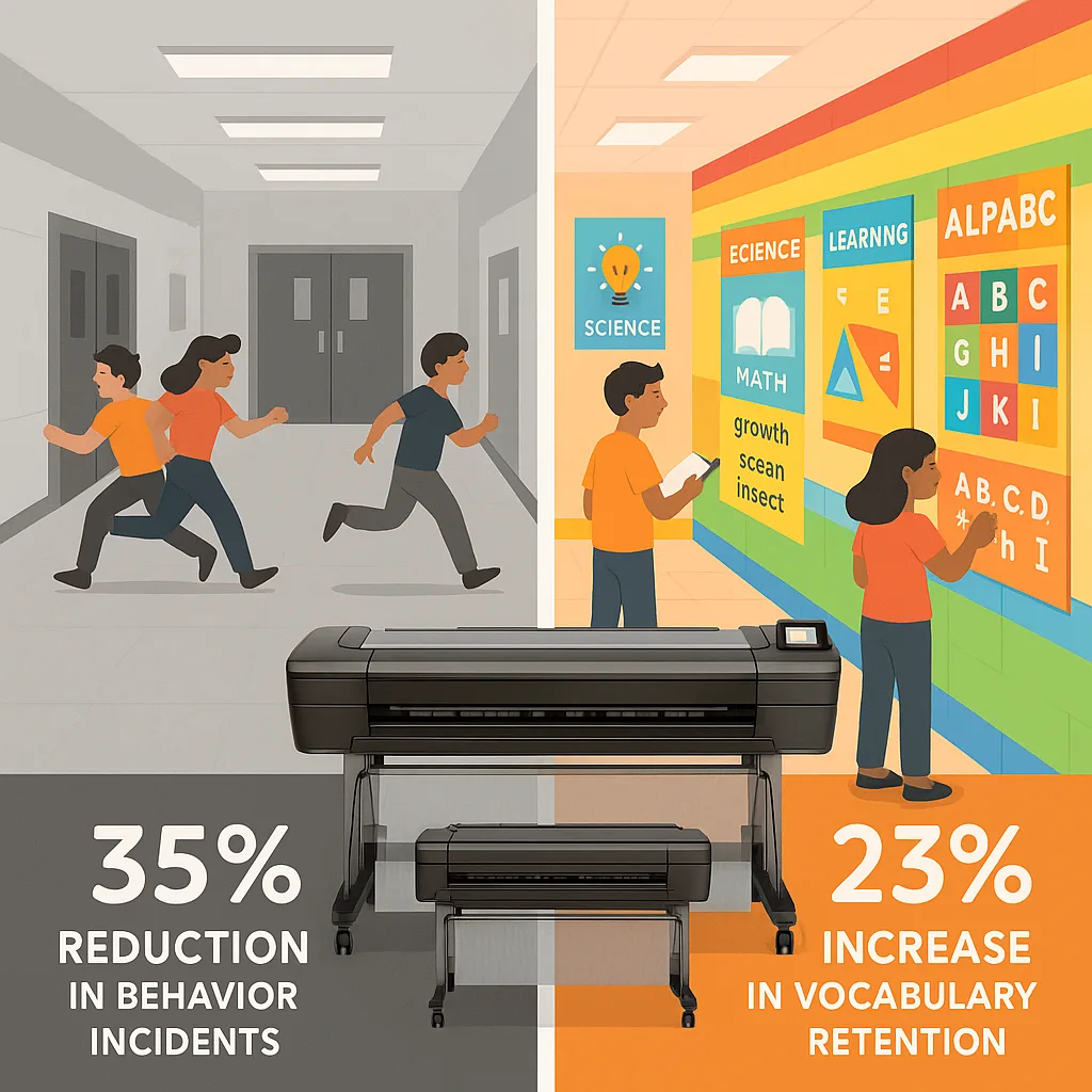 Design a split-screen comparison the same school hallway. Left side: empty, bland hallway students running and misbehaving. Right side: same hallway transformed colorful educational posters, calm