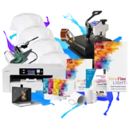 Promo Studio Versiflex Sublimation Printer Package A with heat press, inks, sublimation paper, mugs, t-shirts, and laptop for school fundraising and spirit printing projects.
