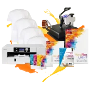 Promo Studio Versiflex Sublimation Printer Package B with heat press, inks, transfer paper, and t-shirts for school fundraising, spirit wear, and classroom projects.