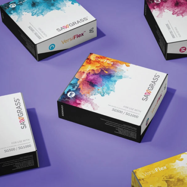 ersiFlex sublimation ink boxes for Promo Studio SG1000 Versiflex Sublimation Printer on a purple background