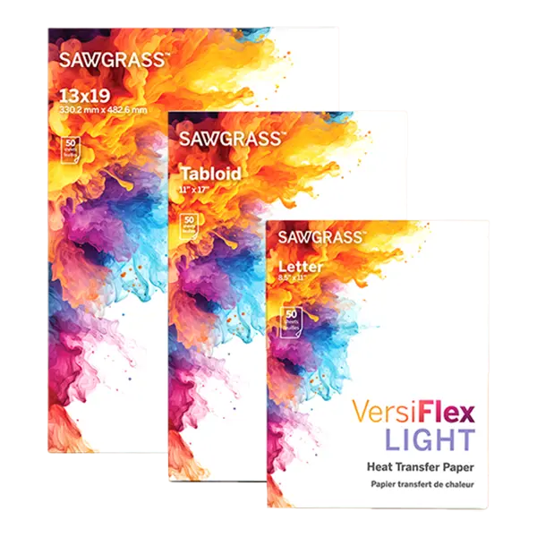 VersiFlex Light Heat Transfer Paper in 13x19, 11x17, and 8.5x11 sizes for sublimation printing
