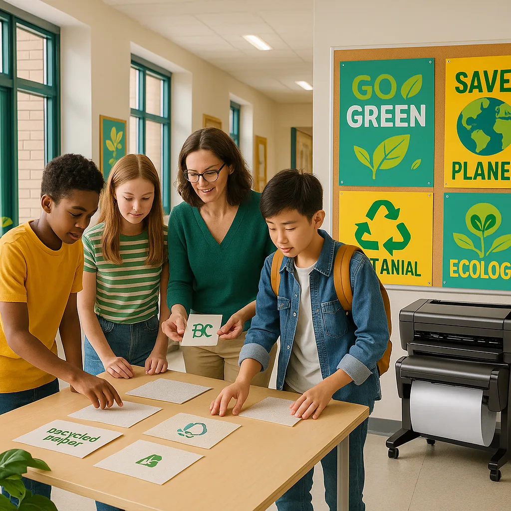 A bright, school hallway colorful eco-friendly posters displayed on bulletin boards. In the foreground, diverse students and a teacher examine recycled paper samples and FSC-certified materials