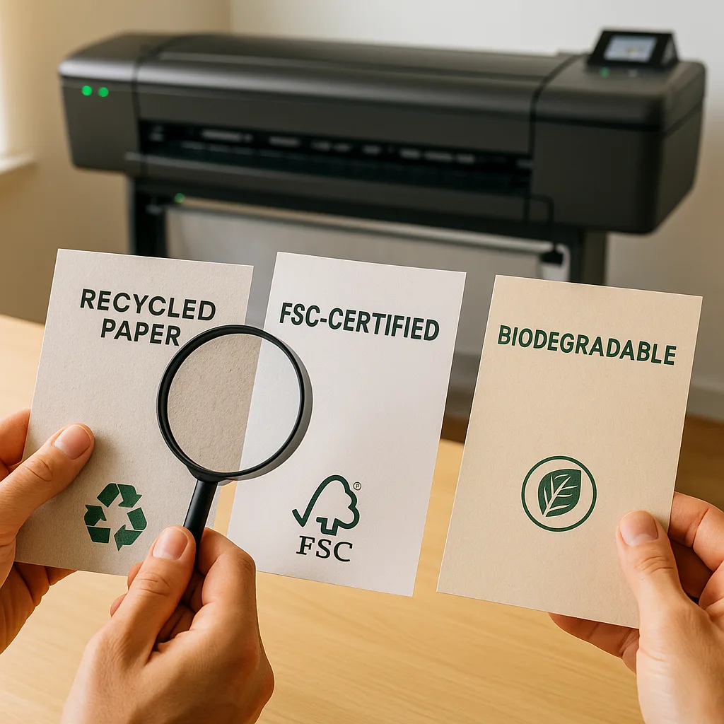 A close-up view of hands comparing different eco-friendly poster materials - recycled paper, FSC-certified stock, and biodegradable options. Each sample is clearly labeled environmental