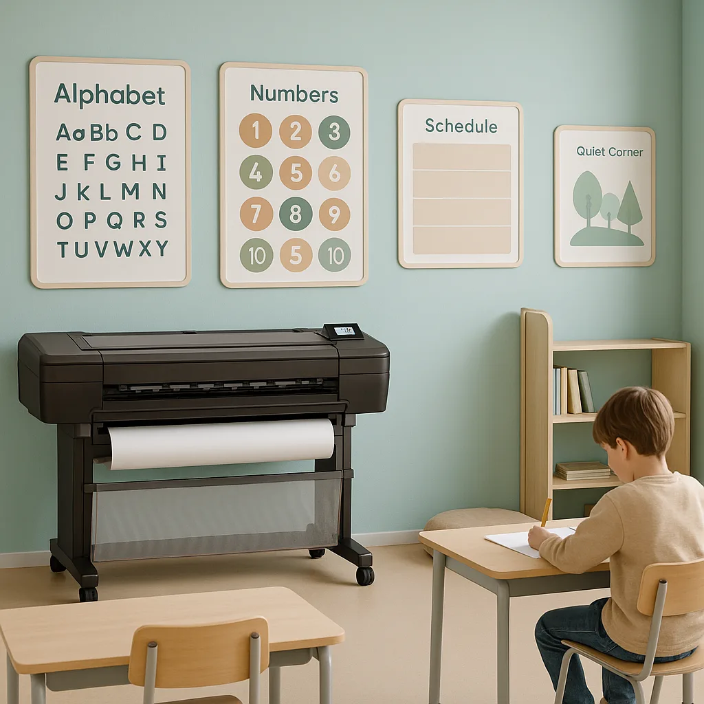 A serene, thoughtfully designed classroom soft blue-green walls, minimal visual clutter, organized learning stations simple borders, natural lighting, and a calm student working comfortably at