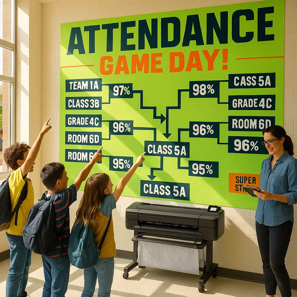 A vibrant, energetic classroom hallway scene an enormous, colorful attendance tracking display that looks like a championship sports bracket. The poster spans an entire wall neon lime green and