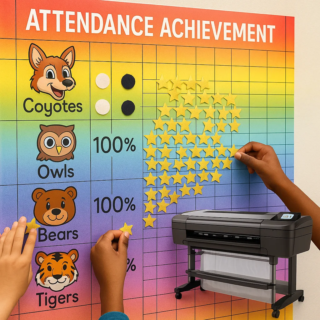Close-up shot of students’ hands placing star-shaped stickers on a large attendance achievement chart. The chart features a rainbow gradient background clear grid lines and dates. Each row Close-up shot of students' hands placing star-shaped stickers on a large attendance achievement chart. The chart features a rainbow gradient background clear grid lines and dates. Each row