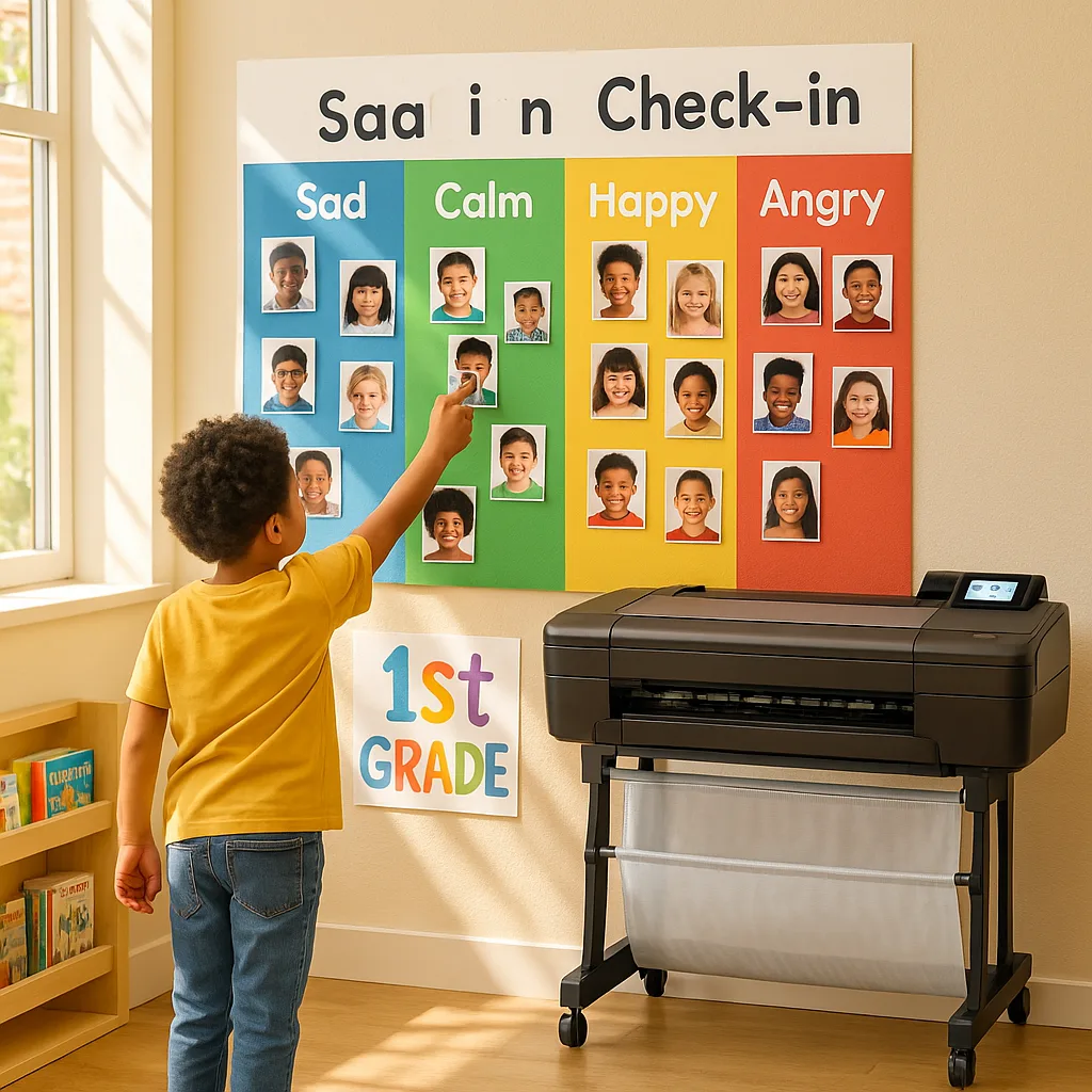 A bright, cheerful first-grade classroom corner an interactive emotion check-in wall colorful zones (blue, green, yellow, red) at child height. A young student is reaching up to move their photo