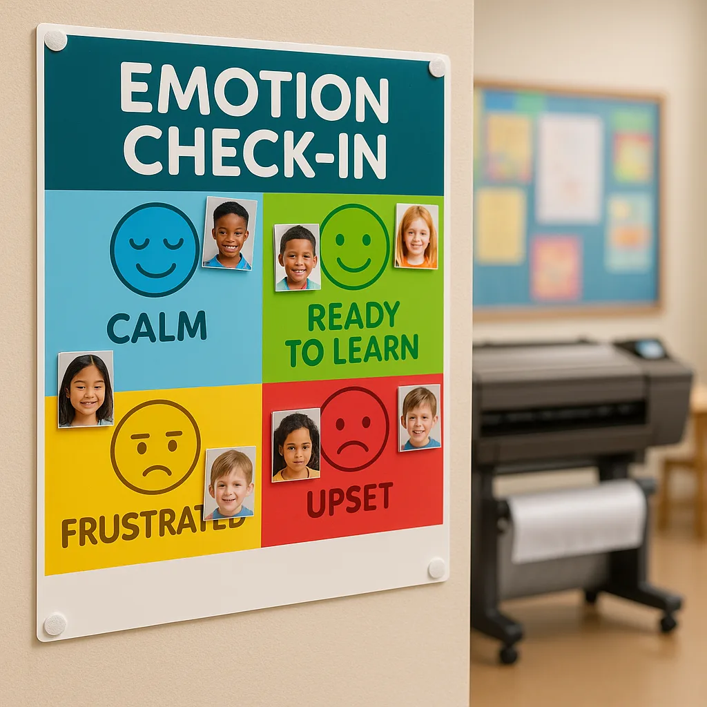 A close-up view of a beautifully designed emotion check-in station poster four distinct colored zones (blue for calm, green for ready to learn, yellow for frustrated, red for upset). Each zone A close-up view of a beautifully designed emotion check-in station poster four distinct colored zones (blue for calm, green for ready to learn, yellow for frustrated, red for upset). Each zone
