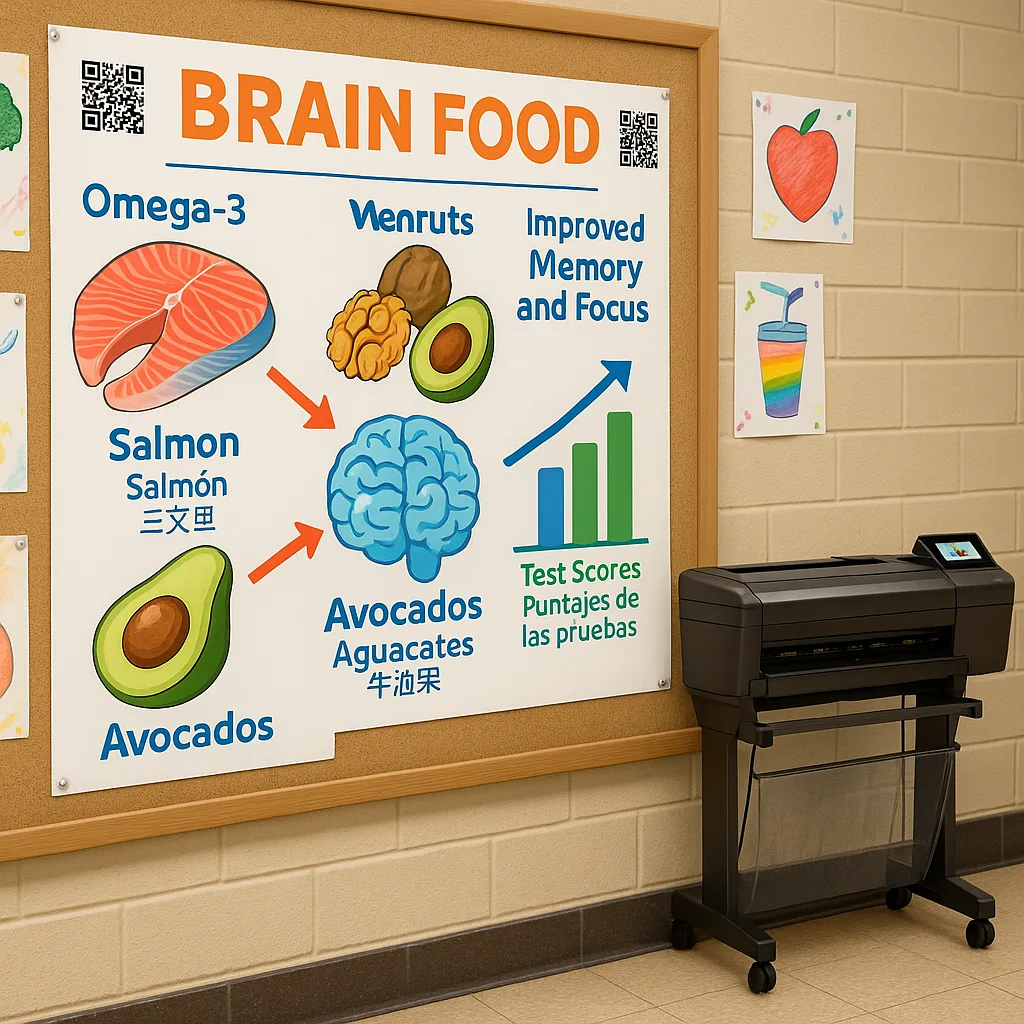 A close-up view of a nutrition education poster display in a school hallway a "Brain Food" theme. The poster should show colorful illustrations of omega-3 rich foods (salmon, walnuts, avocados)