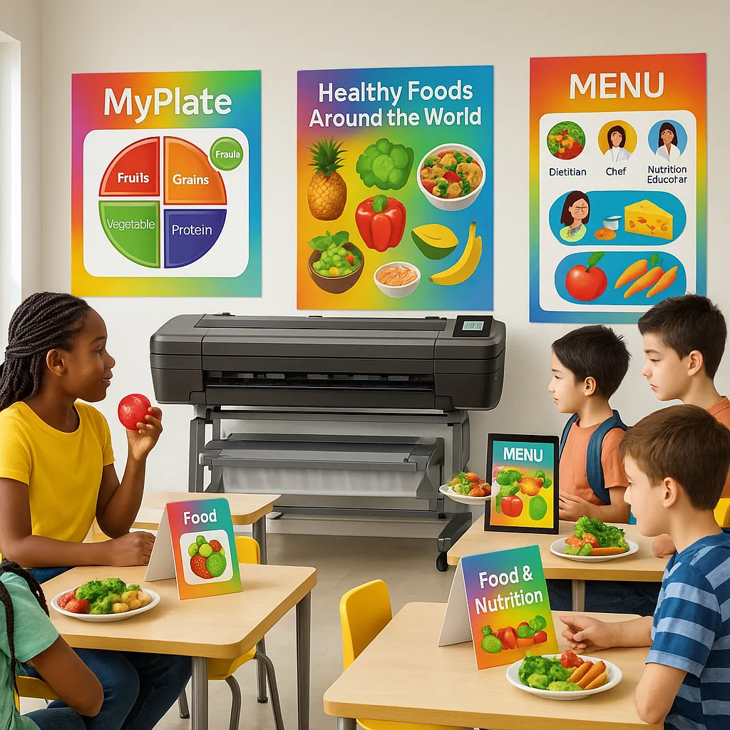 A vibrant, school cafeteria scene diverse students (elementary through high school age) making healthy food choices while surrounded by colorful, nutrition education posters on the walls. The