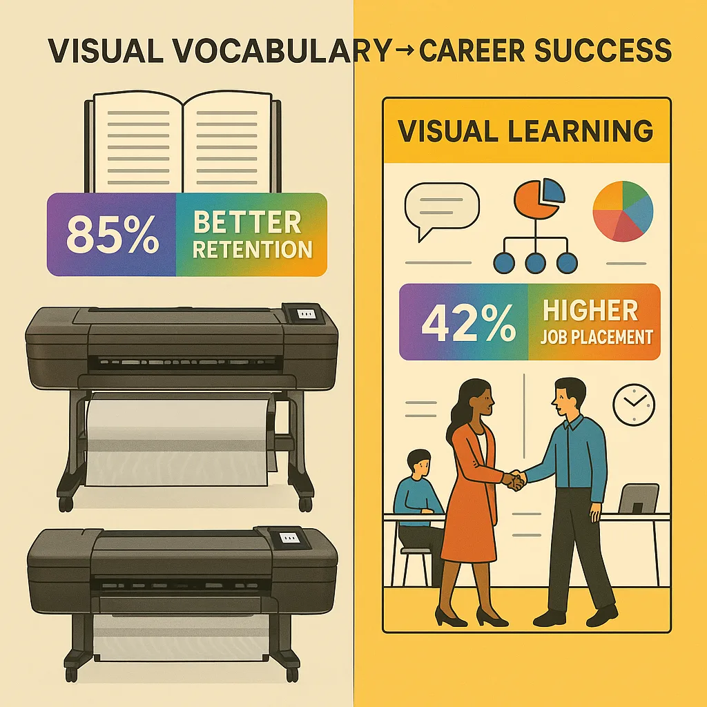 Design a colorful infographic-style image the connection between visual vocabulary systems and career success. Feature a split-screen design: on the left, show traditional text-heavy learning