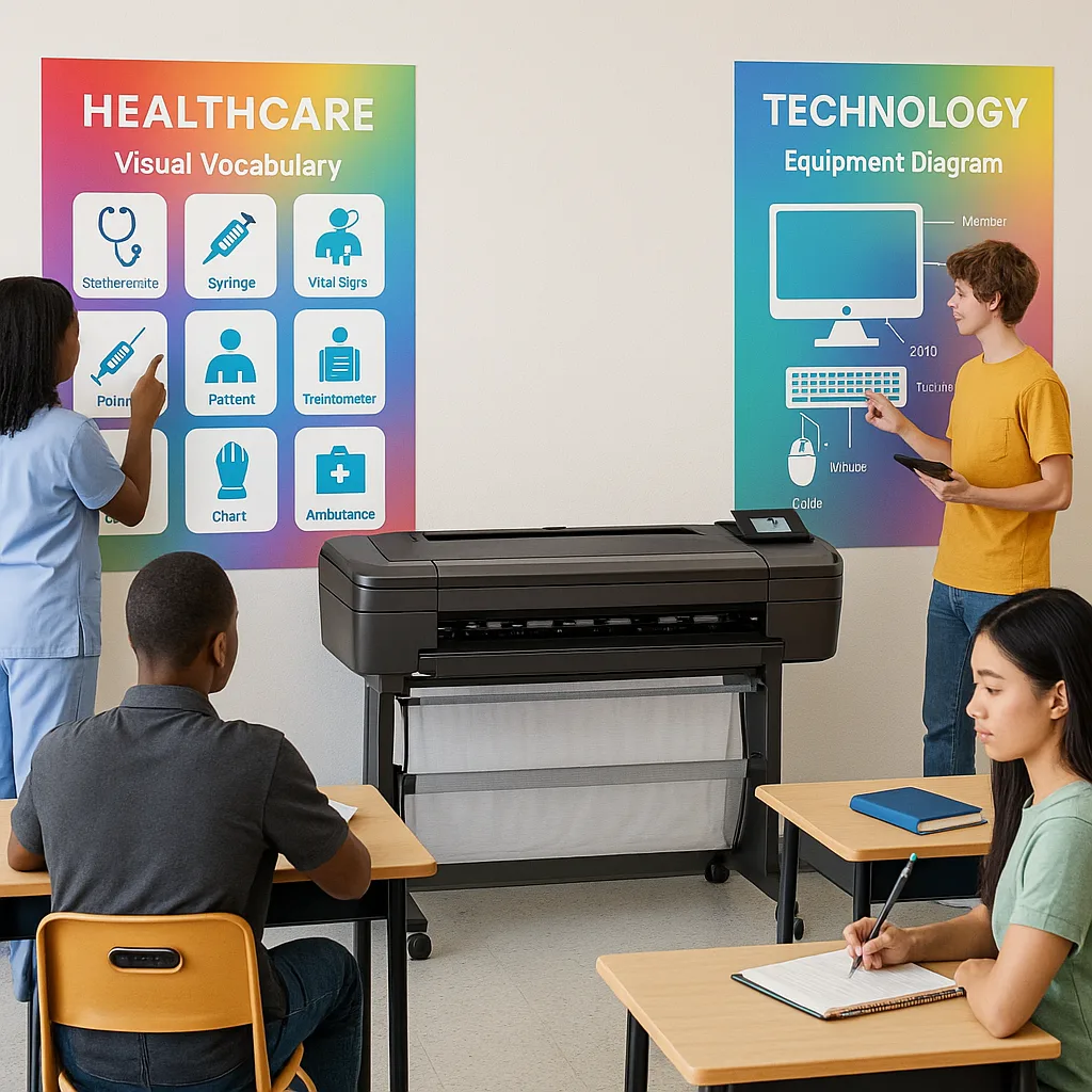 A bright, engaging image a CTE classroom large-format industry-specific posters on the walls. Include diverse students actively engaged visual vocabulary displays technical terms, safety