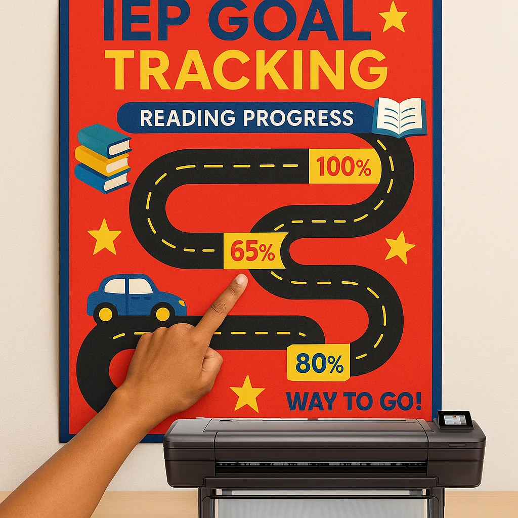 Design a close-up view of a IEP goal tracking poster a student's reading progress visualized as a colorful race track milestone markers. Include visual elements like books, stars, and encouraging