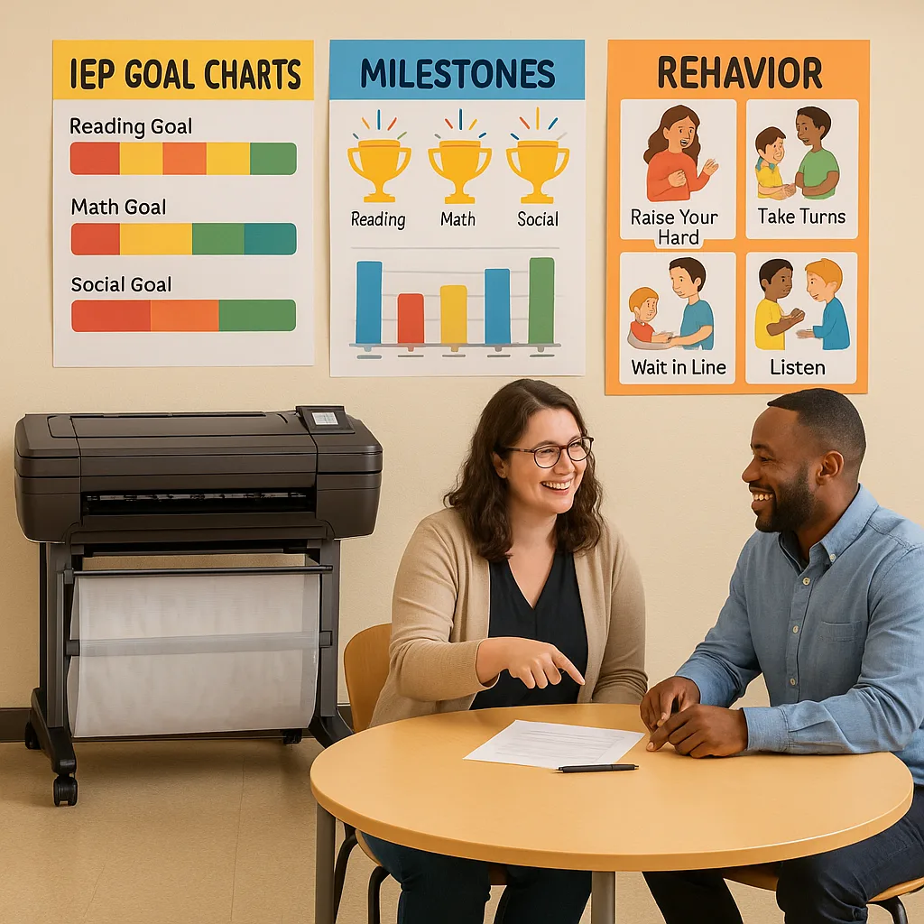 A bright, welcoming classroom scene a teacher and parent sitting together at a round table, reviewing colorful visual IEP goal charts displayed on the wall behind them. The charts should show
