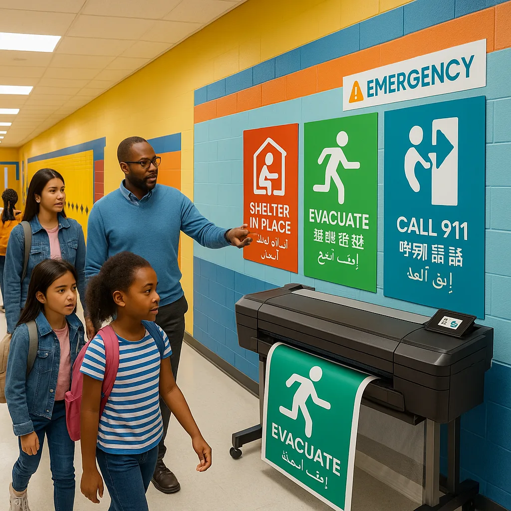 A vibrant, school hallway colorful emergency visual communication posters on the walls. The scene shows diverse students and staff calmly following visual evacuation guides universal symbols and A vibrant, school hallway colorful emergency visual communication posters on the walls. The scene shows diverse students and staff calmly following visual evacuation guides universal symbols and